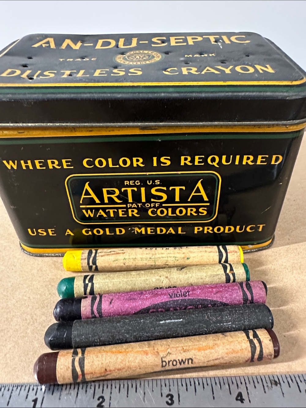 Vintage Dustless Crayon Tin from 1930's with 5 Mixed Crayon Colors